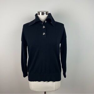 Cyrus Solid Black Collared Tan Buttons Long Sleeve Sweater Women Medium